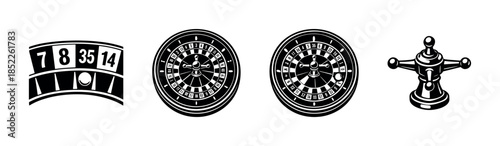 Roulette wheel, betting, casino game, flat vector illustration, gaming icons