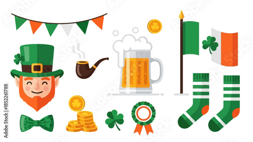 St. Patrick's Day Vector Illustration Collection with Leprechaun and Beer