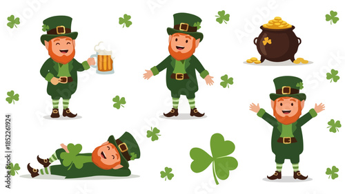 St. Patrick's Day Leprechaun Vector Set with Clovers and Pot of Gold