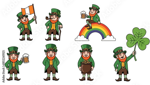 Happy St. Patrick's Day Leprechaun Characters Vector Illustration Set