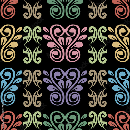 Seamless background pattern. Decorative geometric ornament. Black background. Vector illustration.
