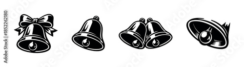 Christmas bells set, holiday decorations, chimes, flat vector illustration