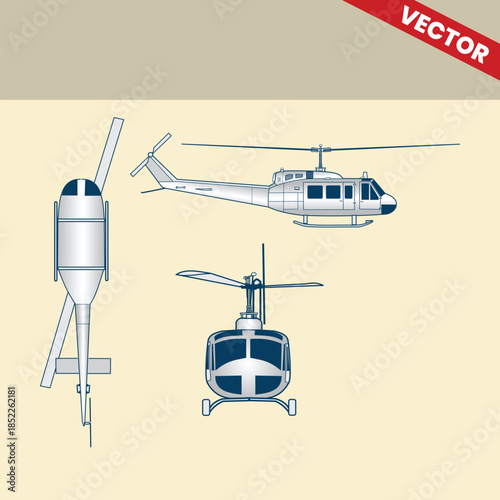 Technical Line Drawing of Helicopter Bell UH-1 Iroquois 2D Engineering Rendering Sketch Vector Illustration Front Side and Bottom View Angle