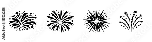 Fireworks burst designs, stars, patterns, flat vector illustration