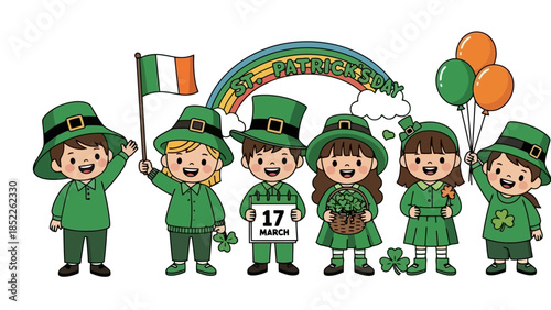 St. Patrick's Day Kids Celebrating with Irish Flag and Balloons