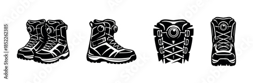 Hiking boots set, footwear, outdoor gear, flat vector illustration