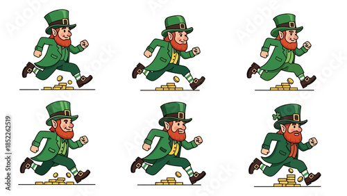 Leprechaun Running with Gold Coins Vector Illustration Set