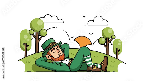Leprechaun relaxing in a green field with a pot of gold