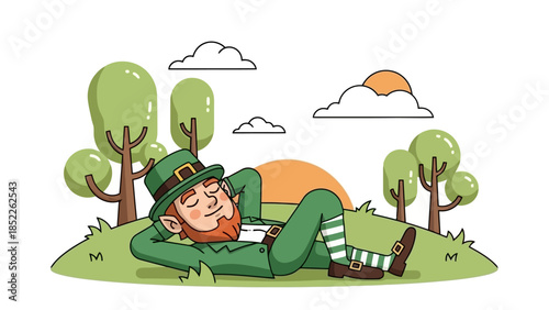 Leprechaun relaxing on grassy hill with hat and boots