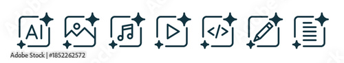 Set of AI tools icons for generating images, video, code, music, text. Icons for generative ai tools.