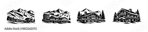 Winter landscapes. Winter scenes. Winter mountain cabin illustrations
