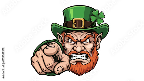 Angry Leprechaun Pointing Finger, Vector Illustration
