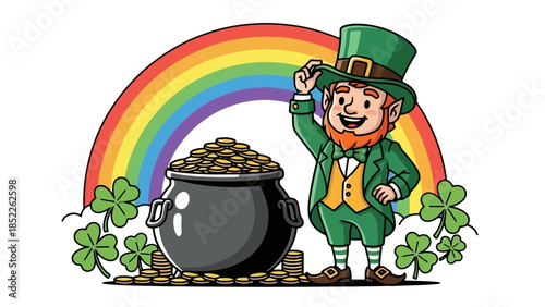Cheerful Leprechaun with Pot of Gold and Rainbow Vector Illustration