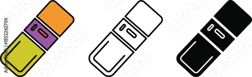 Three colorful pencils with different colored erasers and outlines writing tools stationery