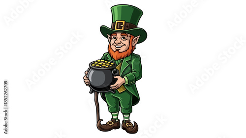 Cheerful Leprechaun Holding a Pot of Gold Vector Illustration