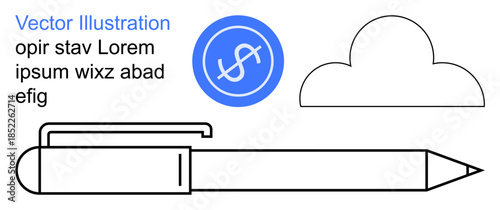 Business tools, stationery, creativity, finance, data storage, cloud technology. A pen, cloud shape and circle with dollar icon. Business tools and finance concepts