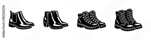 Set of boots, flat vector illustration, shoes, footwear collection, lace-up, zipper