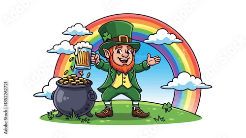 Cheerful Leprechaun with Pot of Gold and Rainbow Illustration