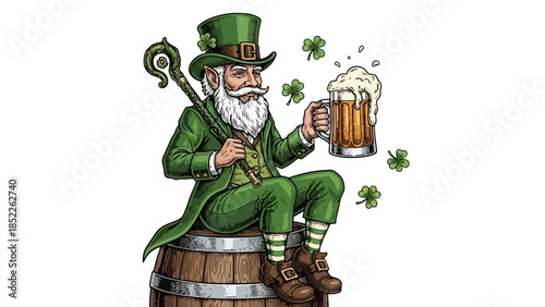 Leprechaun Celebrating with Beer in Vector Illustration