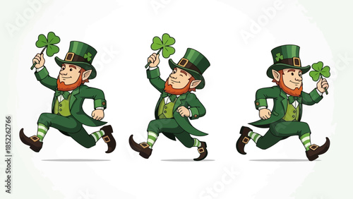 Animated Leprechauns Running with Shamrocks in Green Outfits