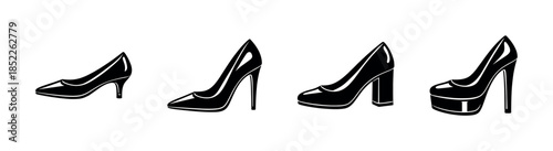High heels, variety of women's shoe styles, flat vector illustration