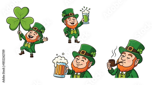 Cheerful Leprechauns Celebrating with Drinks and Clovers