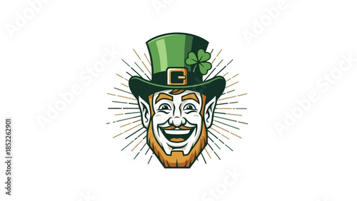 Festive Leprechaun Face with Green Hat and Shamrock Vector Illustration