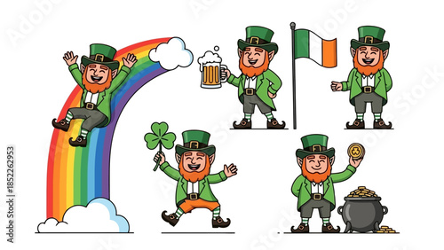 Festive Leprechaun Characters Vector Illustration Set