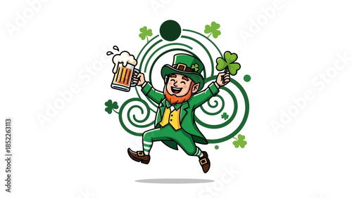 Cheerful Leprechaun Celebrating with Beer Vector Illustration