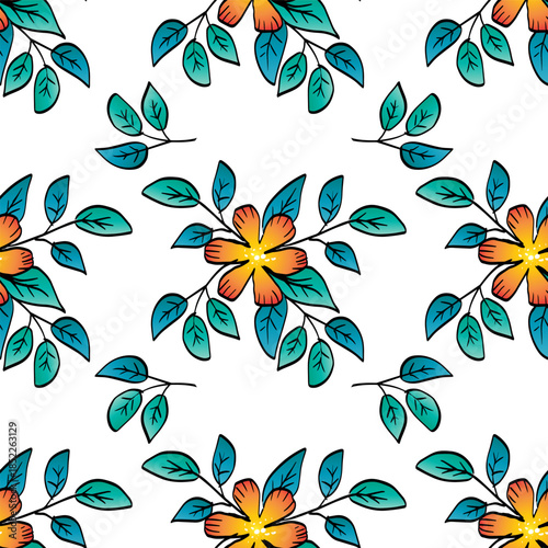 Seamless pattern with flowers and leaves on a white background.