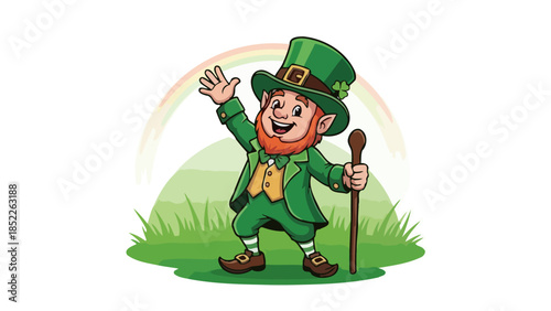 Cheerful Leprechaun with Rainbow and Pot of Gold Illustration