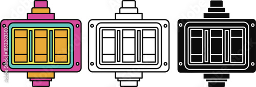 Three colorful rectangular electronic components with different colored frames and internal structures