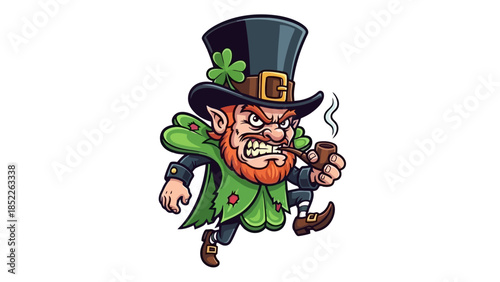 Grumpy Leprechaun Cartoon Vector Illustration with Pipe and Top Hat