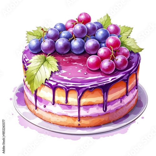 Colorful grape cake with purple icing and fresh leaves