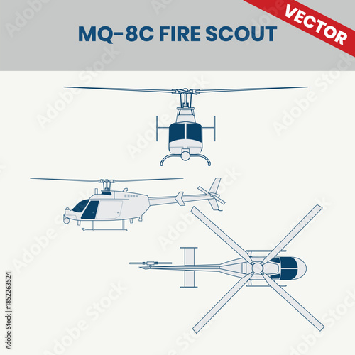 Technical Line Drawing of Helicopter MQ-8C Fire Scout 2D Engineering Rendering Sketch Vector Illustration Front Side and Top View Angle