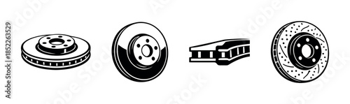 Brake parts design, brake discs flat vector illustration with mechanical parts and components