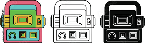 Three colorful retro game controllers with buttons and joysticks