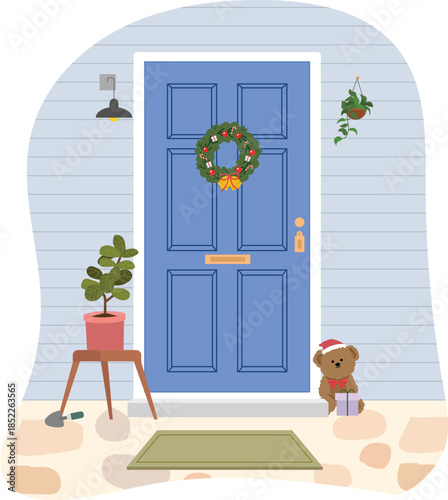 Festive Front Door with Christmas Decorations and a Teddy Bear