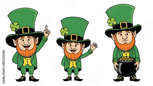 Cheerful Leprechauns with Pots of Gold Vector Illustration Set