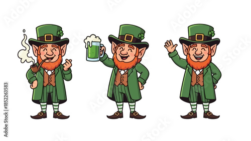 Cheerful Leprechaun Characters in Various Poses Vector Illustration