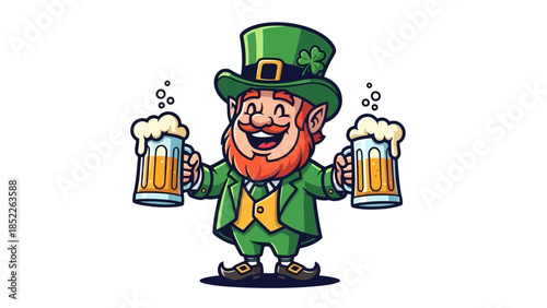 Cartoon Leprechaun Celebrating with Beer Mugs