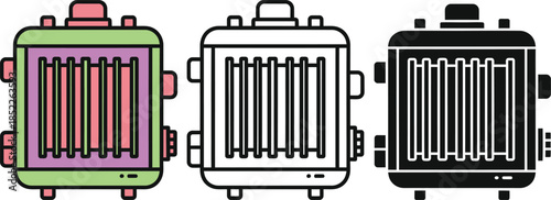 Three colorful retro vacuum tube amplifiers with green purple and black electronic