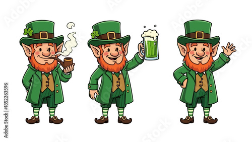 Cheerful Leprechauns Celebrating with Drinks in Green Outfits