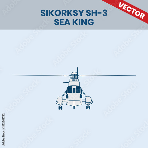 Technical Line Drawing of Helicopter Sikorsky SH-3 Sea King 2D Engineering Rendering Sketch Vector Illustration Front View Angle
