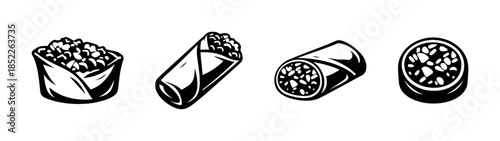 Sushi rolls and burritos, flat vector illustration, food icons, black and white