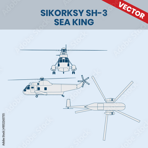 Technical Line Drawing of Helicopter Sikorsky SH-3 Sea King 2D Engineering Rendering Sketch Vector Illustration Front Side and Top View Angle