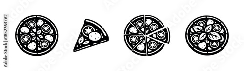 Pizza menu set, flat vector illustration of slices, toppings, gourmet food
