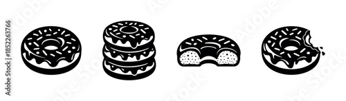 Donut collection, sweet pastries, morning treats, flat vector illustration