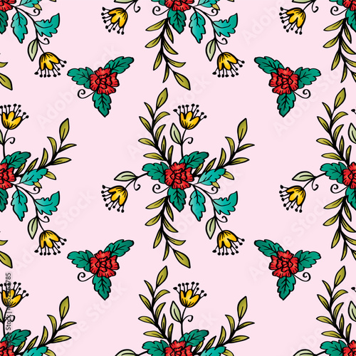Seamless pattern with flowers and leaves. Pink background.