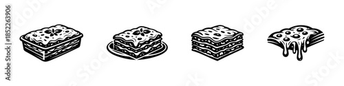 Lasagna variations, pasta, cheese, flat vector illustration, culinary art